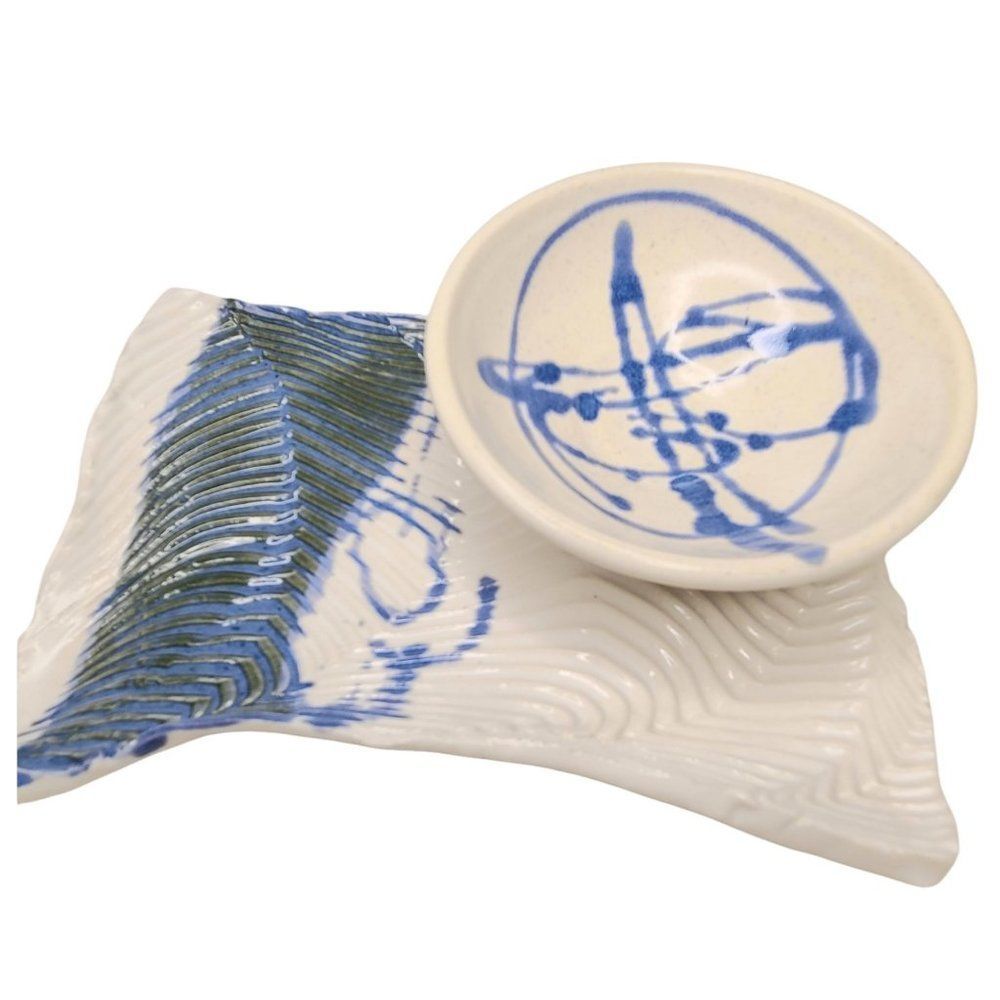 Hand Studio Pottery JAPANI ART Abstract signed Blue SUSHI DISH and SOY WELL BOWL